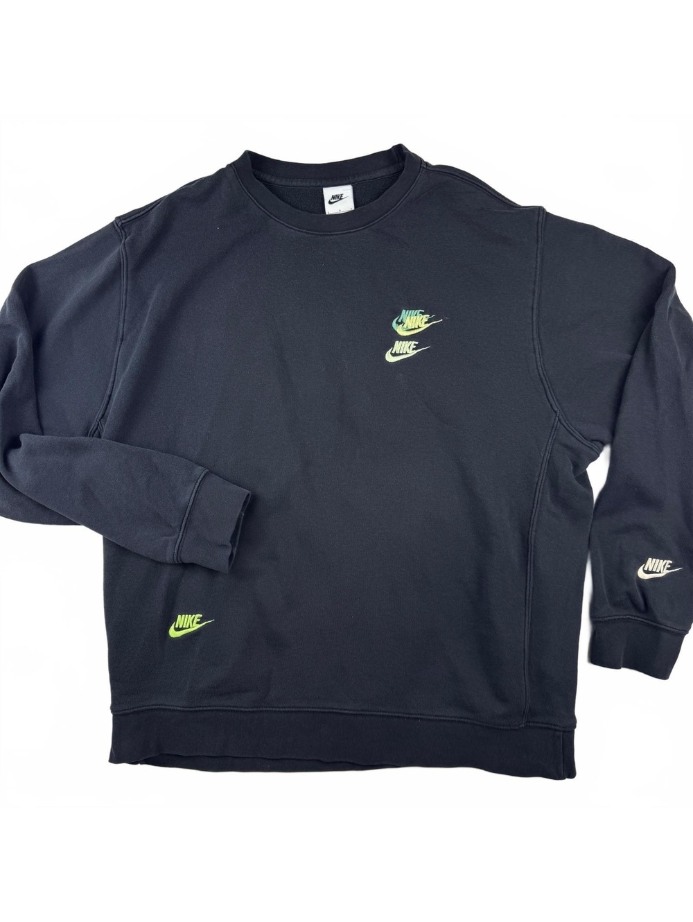 VINTAGE Nike Black Crewneck Sweatshirt Multicolor Embroidered Logos Large